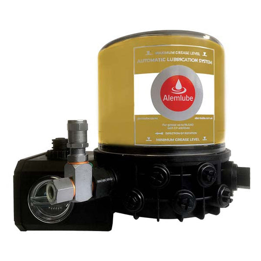 Alemlube 12VDC pump with 1kg reservoir, with controller, with low level switch, 1 x Fixed pump element & relief valve 3K.12TL.F