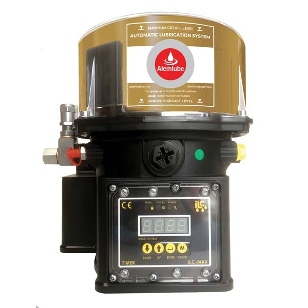 Alemlube 12VDC pump with 2kg reservoir, with controller, with low level switch, 1 x Fixed pump element & relief valve 4K.2.12DC.FCT.G