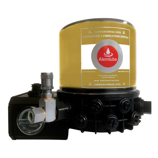 Alemlube 24VDC pump with 1kg reservoir, with controller, with low level switch, 1 x Fixed pump element & relief valve 3K.24TL.F