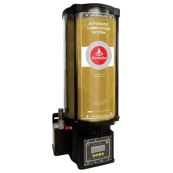 Alemlube 24VDC pump with 8kg reservoir, with controller, with low level switch, 1 x Fixed pump element & relief valve 4K.8.24DC.FCT.G