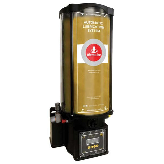 Alemlube 24VDC pump with 8kg reservoir, with controller, with low level switch, 1 x Fixed pump element & relief valve 4K.8.24DC.FCT.G